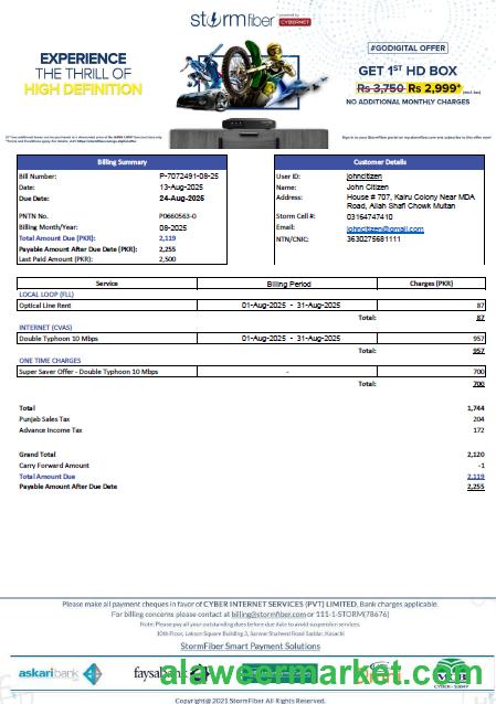 Pakistan StormFiber utility bill template in Word and PDF formats